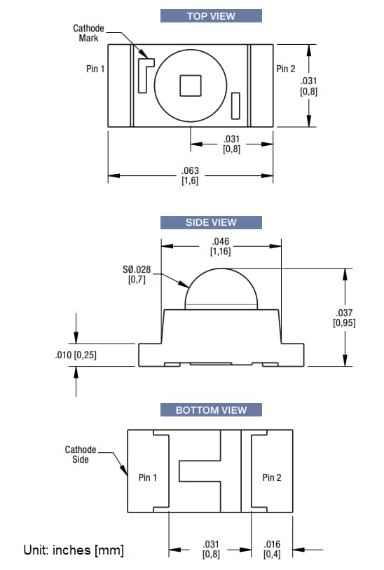 Mechanical Drawing - Dialight 599 MicroLED® Single-Color 0603 Domed Lens LEDs